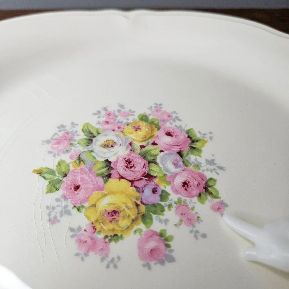 Edwin M Knowles China Floral Serving Platter Tab Handles Scalloped Gold Trim 12
